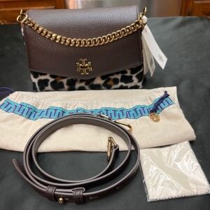NWT Tory Burch Kira Shearling Crossbody. Leopard Shearling/Brown Leather.